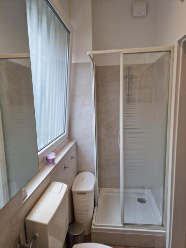 y baño con ducha, aseo y lavamanos. en Apartment Wuppertal Heckinghausen, en Wuppertal