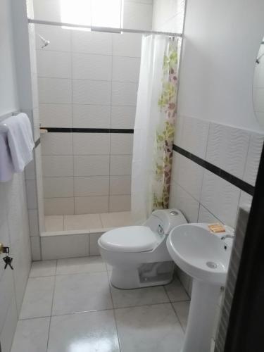a white bathroom with a toilet and a sink at Alemar's House in Nazca