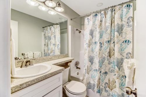 阿米莉亞島的住宿－2810 Ohio Avenue #4，一间带水槽和淋浴帘的浴室