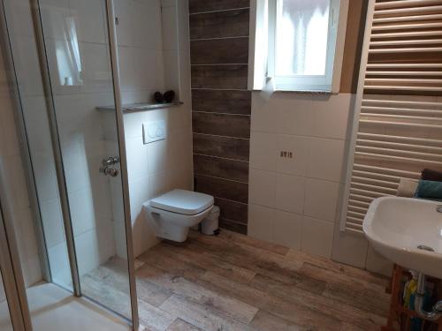 a bathroom with a toilet and a sink at Fewo Dornröschen in Schieder-Schwalenberg
