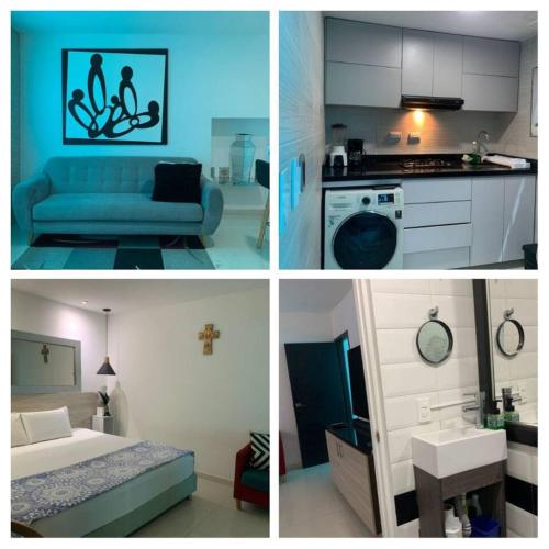 drie verschillende uitzichten op een keuken en een woonkamer bij Apartaestudio Barranquilla Recreo, primer piso in Barranquilla