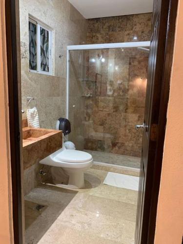 a bathroom with a shower and a toilet and a sink at Casa entera Alberca en Acapulco Diamante in Acapulco