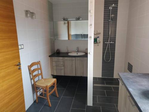 La salle de bains est pourvue d'un lavabo, d'une douche et d'une chaise. dans l'établissement Maison spacieuse avec billard balnéo piano, à Talant