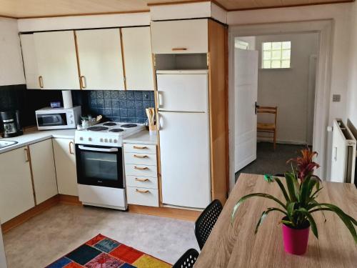 a kitchen with a white refrigerator and a table at Den gamle skole in Bylderup-Bov