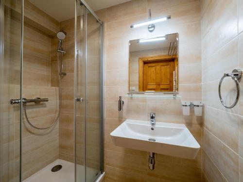 a bathroom with a sink and a shower at Zámeček Waldsteinovo Zátiší in Svatoslav