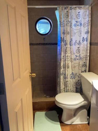 a bathroom with a toilet and a shower curtain at Sea view Room 1 on Danielas Home, shared bathroom in Ancud
