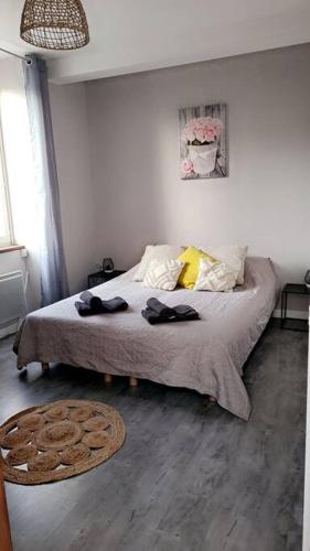 1 dormitorio con 1 cama con 2 toallas en Le Cosy de L'Horme à 30 min de Lyon parking privé, en LʼHorme