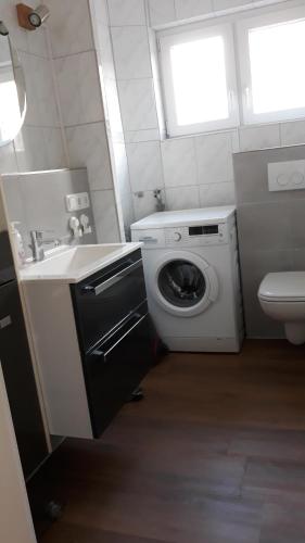 een kleine badkamer met een wasmachine en een wastafel bij Ferienwohnungen Liedtke in Behringen