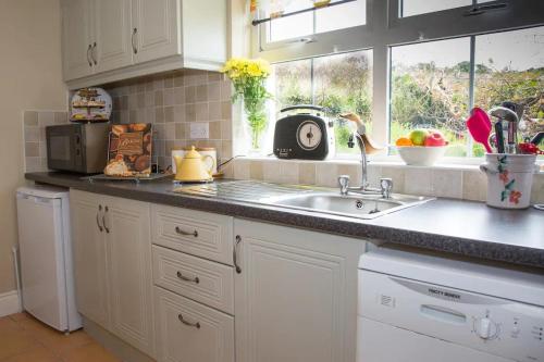 un bancone della cucina con lavandino e finestra di Anne's Cottage a Bantry