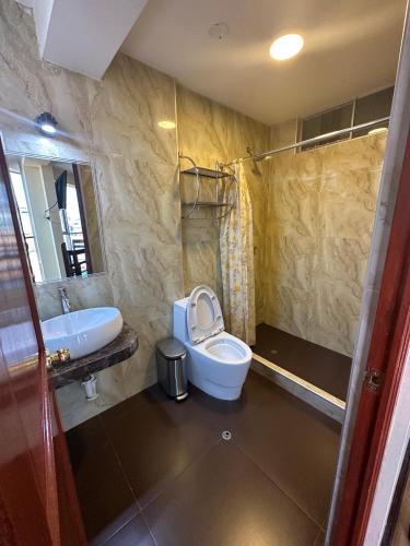 a bathroom with a toilet and a sink at Hotel Inka Palace Huayna Ccapac Cusco in Cusco