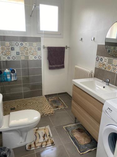 une salle de bain avec toilettes, lavabo et douche dans l'établissement Maison T3 près de Toulouse, à Frouzins