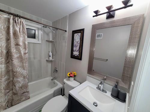 a bathroom with a sink and a toilet and a shower at Apartment with Brand new furniture and large parking in West Seneca
