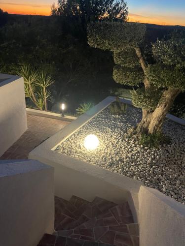 un jardin avec un arbre et une passerelle en pierre dans l'établissement L’horizon Appartement 60m2 maximum 4 personnes, à Ensuès-la-Redonne