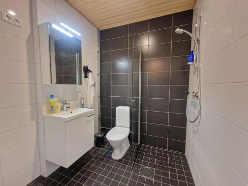 a bathroom with a toilet and a sink and a shower at Cozy apartment with a yard in Kivistö near Airport in Vantaa