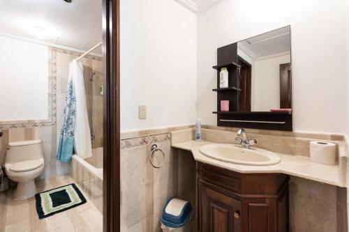 een badkamer met een wastafel, een toilet en een spiegel bij [☆Centro Città☆]Luxury-Pool-WiFi-A/C in Malecon Center in Santo Domingo