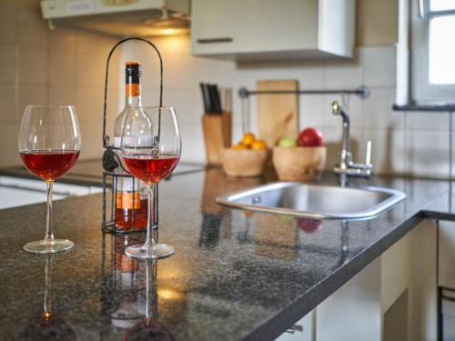 zwei Gläser Wein auf einer Küchentheke in der Unterkunft Rustic Apartment in Mesch near Town Center in Withuis