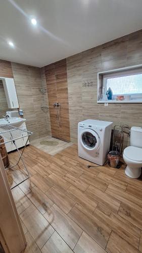 a bathroom with a toilet and a washing machine at Chata Daniela in Liptovská Osada