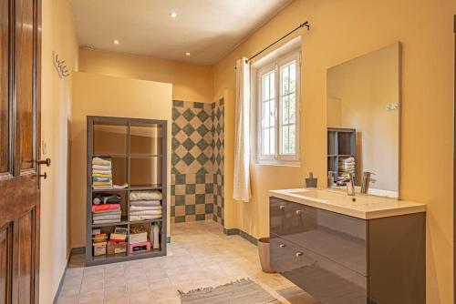 une salle de bain avec un lavabo et un miroir dans l'établissement Villa de Minna, à Robion