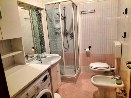La salle de bains est pourvue d'un lavabo, de toilettes et d'une douche. dans l'établissement Maison Hèléne, à Aoste