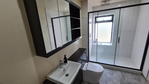 ein Badezimmer mit einem Waschbecken, einem WC und einem Spiegel in der Unterkunft Barn near Colne for Leisure or Business in Colne