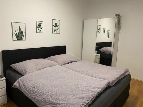 1 dormitorio con 1 cama grande y espejo en Paky Appartements 00322 en Bruck an der Leitha
