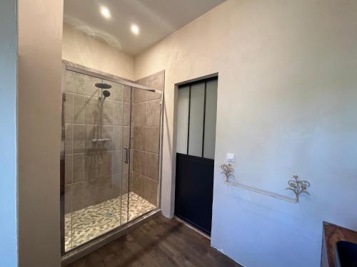 a bathroom with a shower with a glass door at SCI Domaine Saint Martin le grand in Béziers
