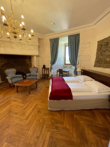 um quarto com uma cama grande e uma lareira em Hapimag Château de Chabenet em Chabenet