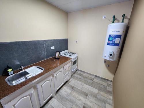 una cocina con fregadero y estufa en Loft Independencia, en San Pedro