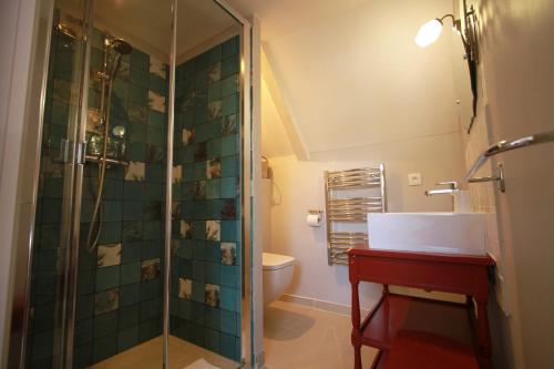 a bathroom with a shower and a sink and a toilet at La Haute Flourie - bed and breakfast -chambres d'hôtes in Saint Malo