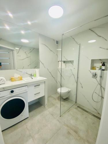 シフィドニクにあるApartament Świdnikのバスルーム(洗面台、トイレ、シャワー付)