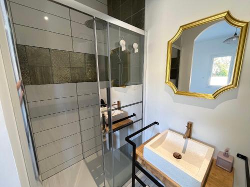 a bathroom with a sink and a shower at Siam Mahanakhon Appart & Spa in Rieux-de-Pelleport