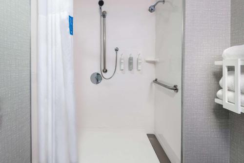 y baño con ducha y cortina de ducha. en Hampton Inn Boston Bedford Burlington, en Billerica