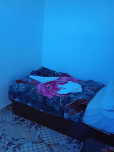 a bed in a room with a blue light at West view in Khuzām
