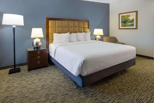a large bed in a hotel room with two lamps at Travelodge by Wyndham Appleton in Appleton