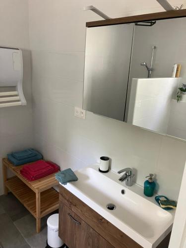 une salle de bain avec un lavabo et un miroir dans l'établissement Petite maison au cœur des Châteaux de la Loire, à Onzain