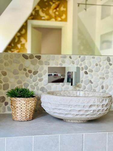 a bathroom with a large white bowl and a plant at Der Vitihof Schanzenblick Suite in Osnabrück