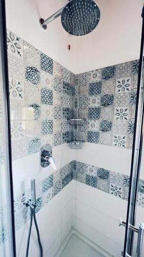 a bathroom with a shower with blue and white tiles at B&B Casale Pietrantica Tropea in Ciaramiti