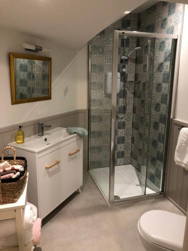 a bathroom with a shower and a toilet and a sink at Bluebell Cottage in Kilmore Quay