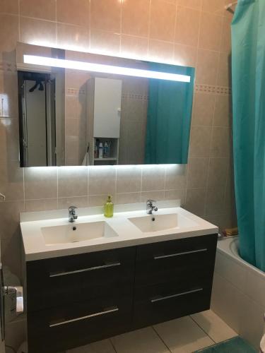 a bathroom with two sinks and a mirror and a tub at Chambre chez l'habitant avec toilettes et salle de bain privatifs in Annecy