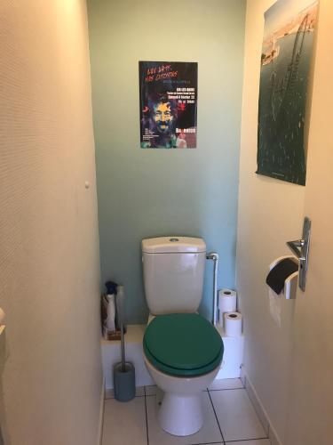 a bathroom with a toilet with a green lid at Chambre chez l'habitant avec toilettes et salle de bain privatifs in Annecy