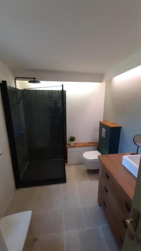 een badkamer met een toilet en een glazen douche bij Petit Manoir Proche Dinan in Lanvallay