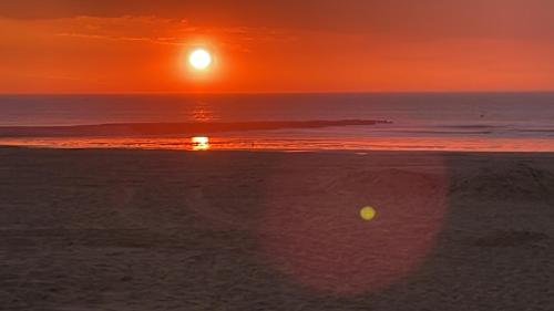 een zonsondergang op het strand met een tennisbal in het zand bij Penthouse on the Belgian Coast with Sea & landscape views in Wenduine