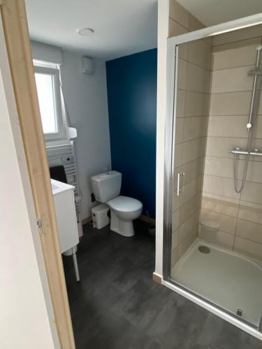 a bathroom with a toilet and a glass shower at T3 - Appartement jardin Wissant 6 personnes in Wissant