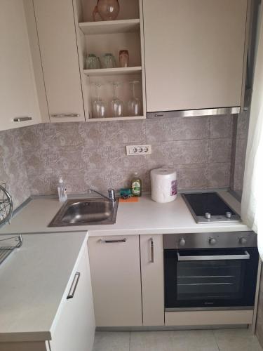 a small kitchen with white cabinets and a sink at Sarajevska Beograd in Sajmište