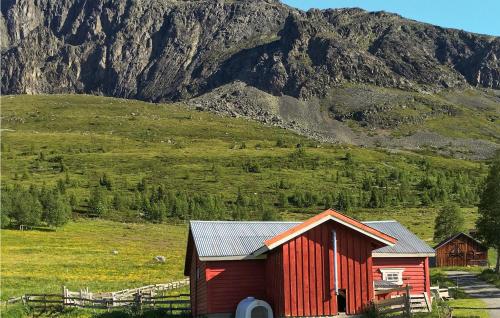 a red barn in a field next to a mountain at 3 Bedroom Lovely Home In Hemsedal in Hemsedal