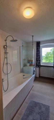 a bathroom with a tub with a shower and a window at Drachenburg in Marktbreit