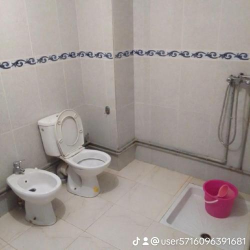 a bathroom with a toilet and a shower stall at المنظر الجميل in El Ksiba