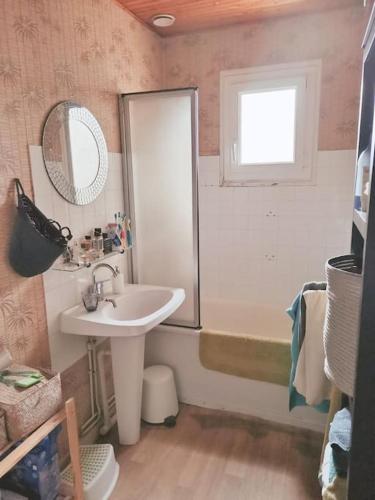 une salle de bain avec un lavabo et un miroir dans l'établissement Maison familiale top Saint-Malo, à Saint-Malo