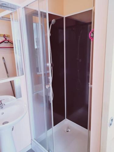 une douche avec une porte vitrée dans une salle de bain dans l'établissement APPARTEMENT COSY HYPER CENTRE, à Le Mont-Dore