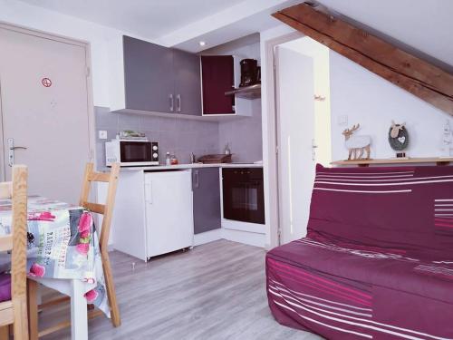- une cuisine avec un canapé violet dans l'établissement APPARTEMENT COSY HYPER CENTRE, à Le Mont-Dore